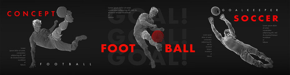 A set of football, soccer players drawing by white lines with text on dark-gray background
