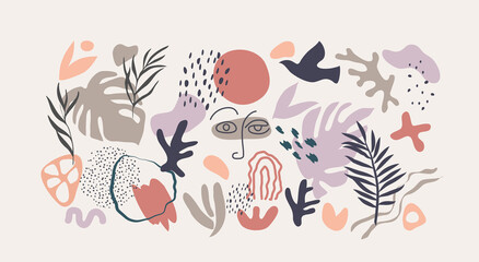 Abstract trendy doodle in organic freehand matisse art style. Hand drawn various Shapes and objects. Contemporary modern icons templates for posters, Social media. Vector