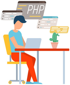 Programmer engineering and coding. Coder programmers working on web development on computer. Concept of script coding and programming in php, javascript, python, other languages. Software developers