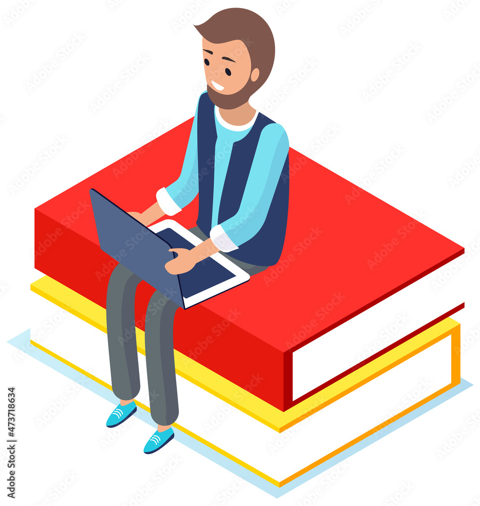 Poster online library concept. young man sitting on stack of large books and using laptop studying in inter