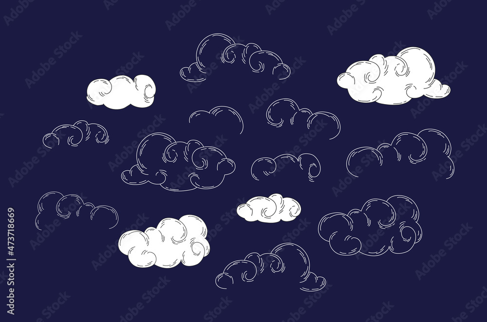 Wall mural set of abstract clouds in linear and silhouette style. chinese and curl cloud celestial elements. ve