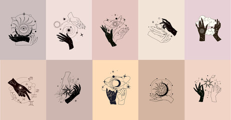 Obraz na płótnie Canvas Spiritual esoteric magic logo or talisman with woman hands in silhouette style with stars, sacred geometry moon and sun. Alchemy mystic tattoo object logo template. Vector