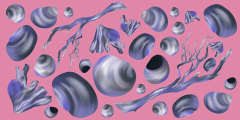 Marine banner. Lilac seashells and branches on a pink background.