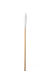 Cotton swab with wood stick close up on white background