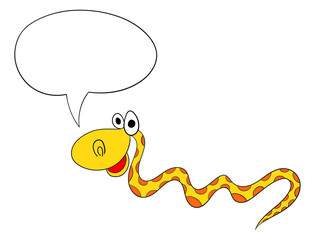 Cute cartoon smiling snake with speech bubble vector illustration.
