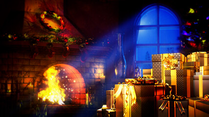 set of gifts and chimney for xmas with empty place - abstract 3D illustration