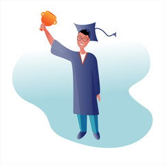 A successful graduate stands with a cup. Celebrating graduation. The concept of successful learning, high school, academic education. Vector illustration.
