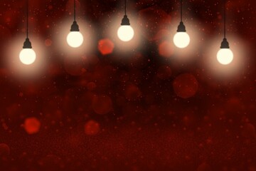 Fototapeta na wymiar red pretty glossy glitter lights defocused bokeh abstract background with light bulbs and falling snow flakes fly, holiday mockup texture with blank space for your content