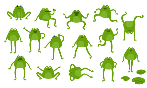 Collection of funny cartoon frog character in different poses isolated on white background