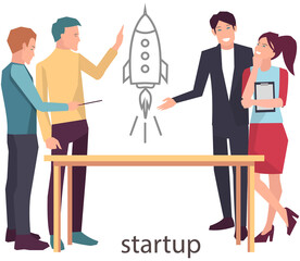 Startup launch of new business project. Start up venture. Development process of new business, entrepreneurship. Teamwork with project creation, startup planning. Colleagues work with strategy