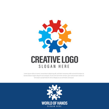 Gear shape puzzle logo design, human resources, team work, circular symbol, puzzle. basic concept