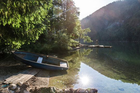 Rowboat left on shore of LakeToplitzin summer