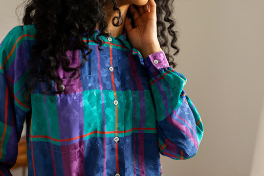 Female model wearing vintage shirt