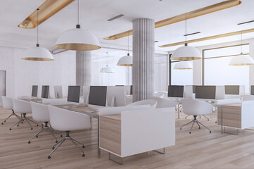 Luxury industrial coworking loft office interior with furniture, computer monitors, wooden, flooring and window with city view and daylight. Workplace and no people concept. 3D Rendering.