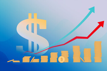 Creative growing dollar coins chart stacked on blue wallpaper with arrow. Finance, growth and market concept. 3D Rendering.