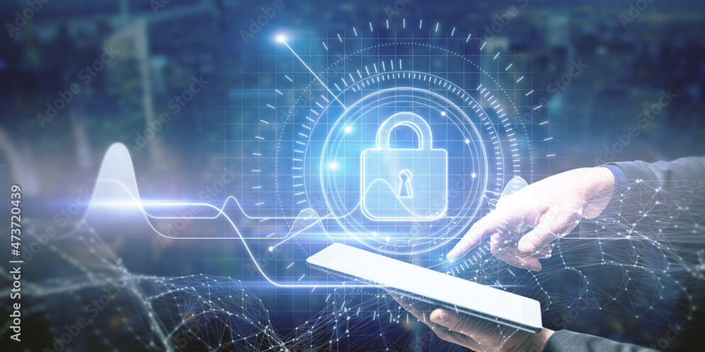 Poster close up of businessman hand using tablet with bstract business chart with padlock interface glowing