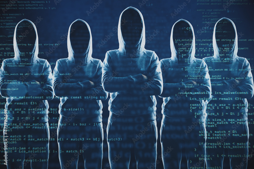 Aufkleber Creative image of a group of hackers in hoodies standing on abstract dark coding background. Malware, coding, phishing and theft concept. Double exposure.