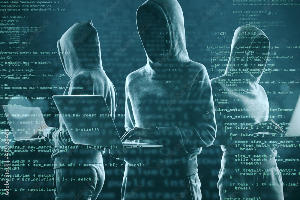 Poster Image of a group of hackers in hoodies standing on abstract dark coding wallpaper. Malware, phishing and theft concept. Double exposure.
