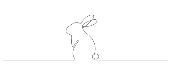 Continuous one line drawing of Easter Bunny. Cute rabbit silhouette with ears in simple minimalistic style for spring design greeting card and web banner. Editable stroke. Linear Vector illustration