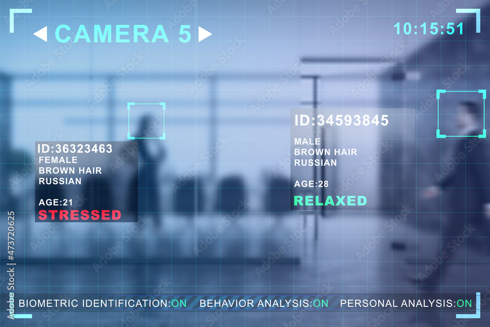 Poster abstract image of businesspeople in blurry office interior with camera cctv facial recognition inter