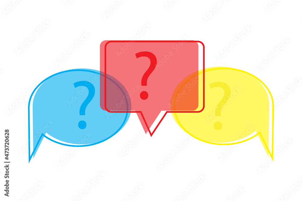 Poster speech bubble icon set. question mark. blue, red, yellow. circle and box. chat element. vector illus