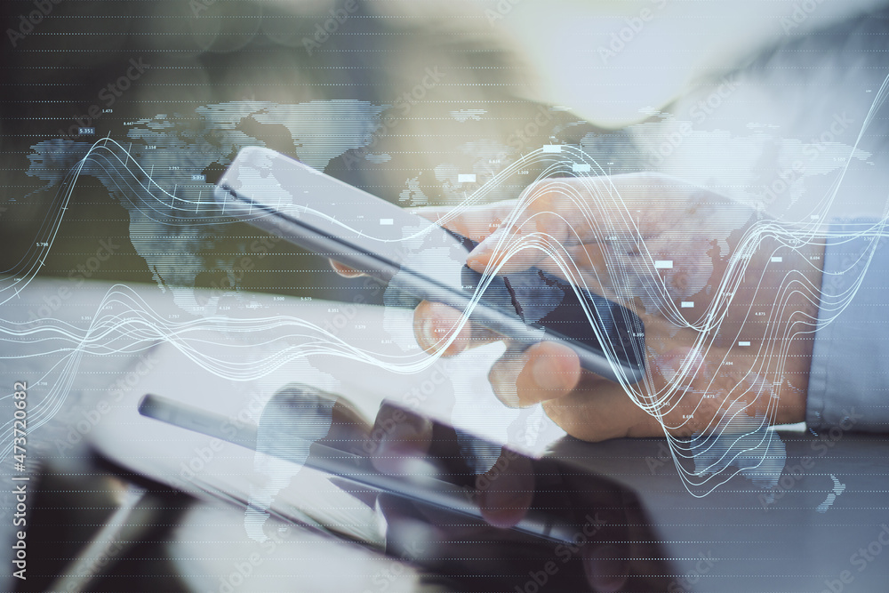 Poster close up of businessperson hands using tablet and smartphone with creative glowing business chart an