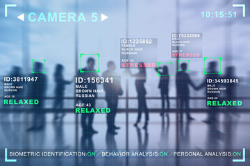 Creative image of businesspeople in blurry office interior with camera cctv facial recognition...