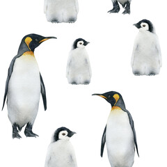 Watercolor penguin seamless pattern isolated on white background. Hand-drawn Antarctic animals backdrop for fabric, clothing, wrapping paper, decor