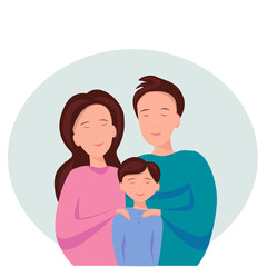 Happy family standing together, flat vector illustration. Mom, Dad, baby.Smiling heroes.