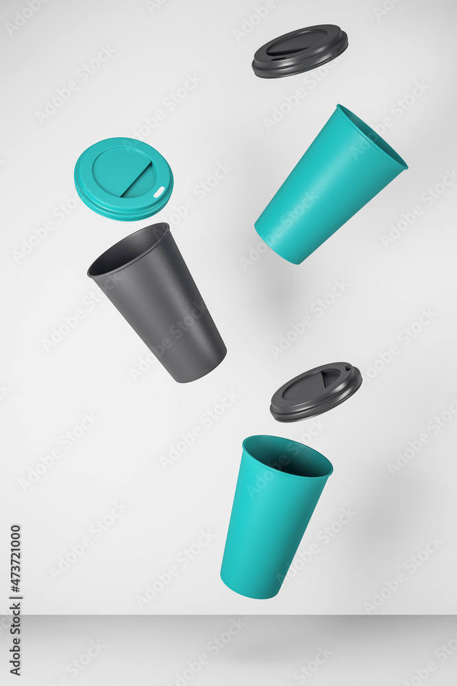Poster clean black and blue take away coffee cup on white background and concrete surface. advertisement an