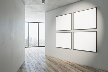 Obraz premium Modern gallery interior with mock up banner on white concrete wall, wooden flooring and window with city view. Museum or apartment concept. 3D Rendering.