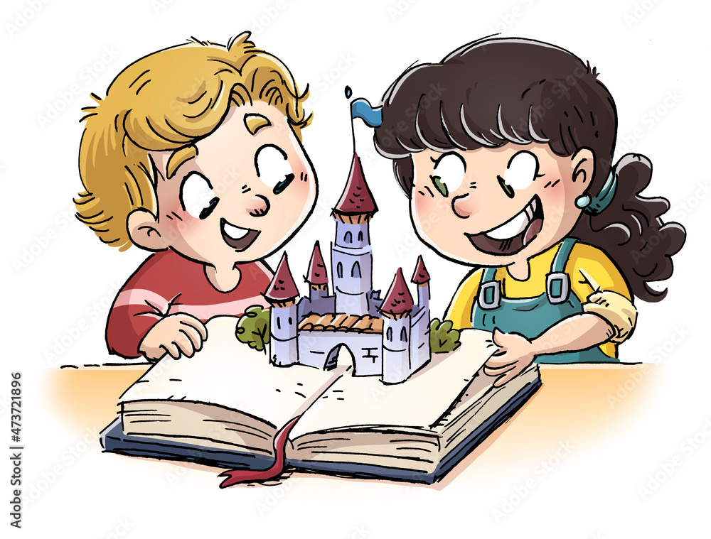 Wall mural Illustration of kids opening a book with magic castle