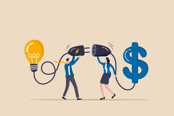 Venture capital or financial support for startup and entrepreneur company, make money idea or idea pitching for fund raising concept, businessman and woman connect lightbulb with money dollar sign. - obrazy, fototapety, plakaty
