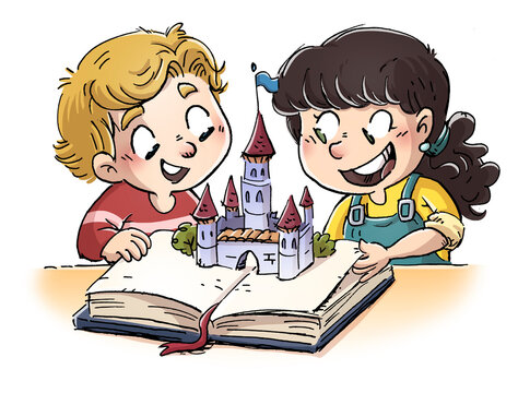 Illustration of kids opening a book with magic castle