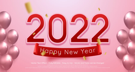 Realistic banner editable 2022 happy new year with 3d style on soft pink theme