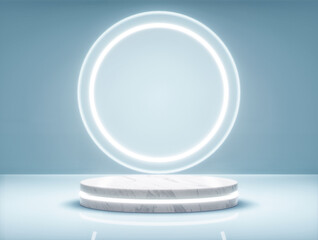 Premium mock up geometrical podium for product presentation on blue background, 3d illustration