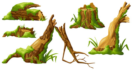 Logs, stumps in moss. Cartoon tree in lichen in swamp jungle. Broken oak in tropical damp forest. Set isolated vector element on white background. - obrazy, fototapety, plakaty