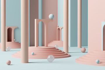 Abstract pale orange Space With Stairs and columns