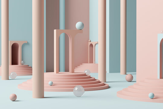 Abstract pale orange Space With Stairs and columns