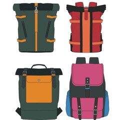 Set Of Vector Colorful Backpacks. Set Of Backpacks for schoolchildren, students, travellers and tourists. Back to School rucksack flat vector illustrations isolated on white.
