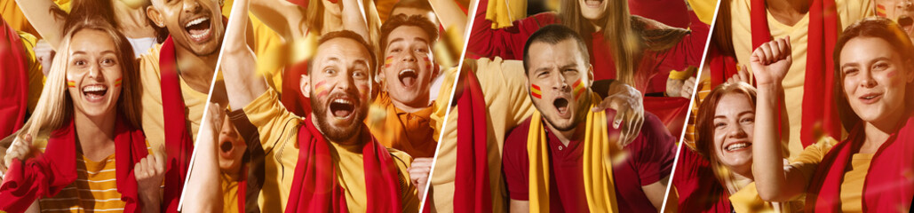 Spanish emotive football, soccer fans cheering their team with a red scarfs at stadium stands. Concept of sport, emotions, team event, competition. © master1305