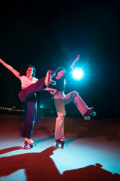 Cheerful roller skaters in action