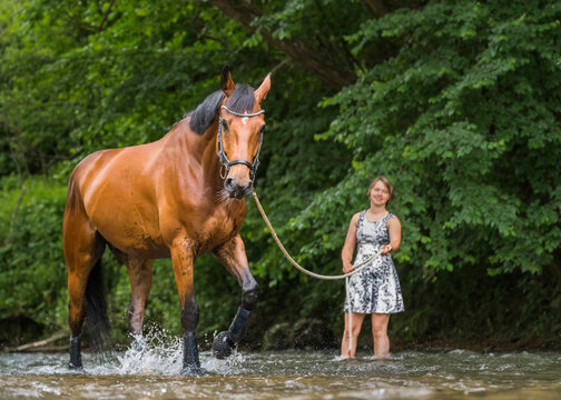 Young woman guiding horse on longe splashing in water