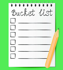 Template of bucket list in notepad with pencil. Vector illustration.