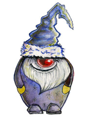 Beautiful watercolor drawing of christmas gnome in blue clothes looking like santa claus isolated on white background