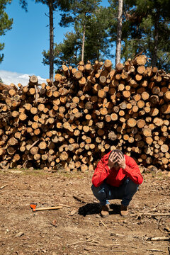 Sad male logger holding his head while squatting in forest on sunny day