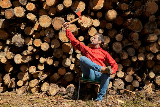 Male logger holding axe while sitting in front of logs at lumber industry