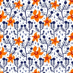 Wandaufkleber Pattern with bright juicy flowers on an isolated white background. Seamless plant pattern for fabric  © Darya