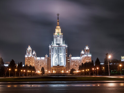 Moscow State University photographed with a long exposure at night. 