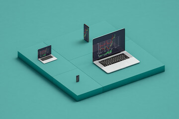 Laptops and smartphones showing stock market statistics on screen